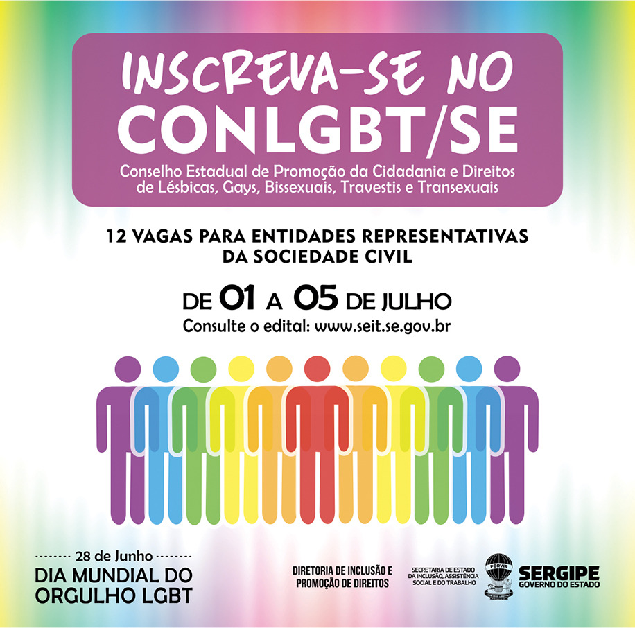 SEIT abre inscrições para representantes da sociedade civil que irão compor o Conselho Estadual LGBT