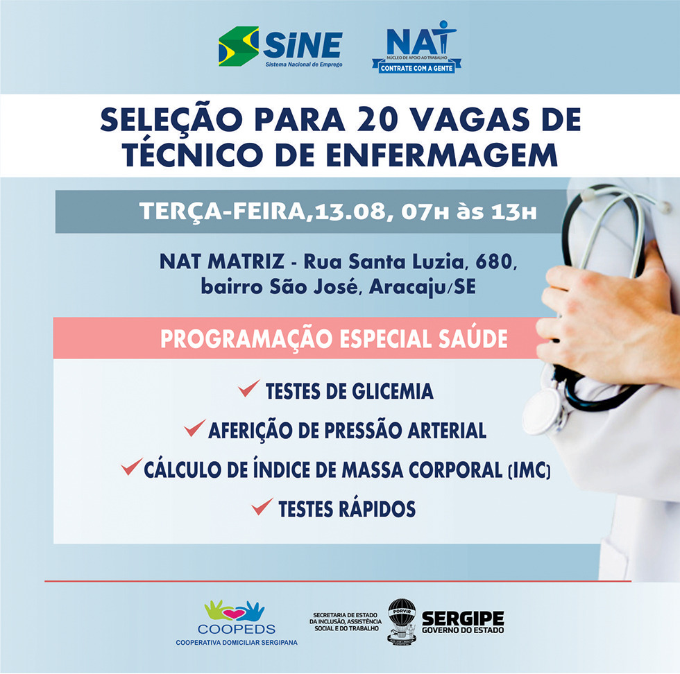 NAT e Coopeds realizam novo recrutamento de Técnicos em Enfermagem nesta terça