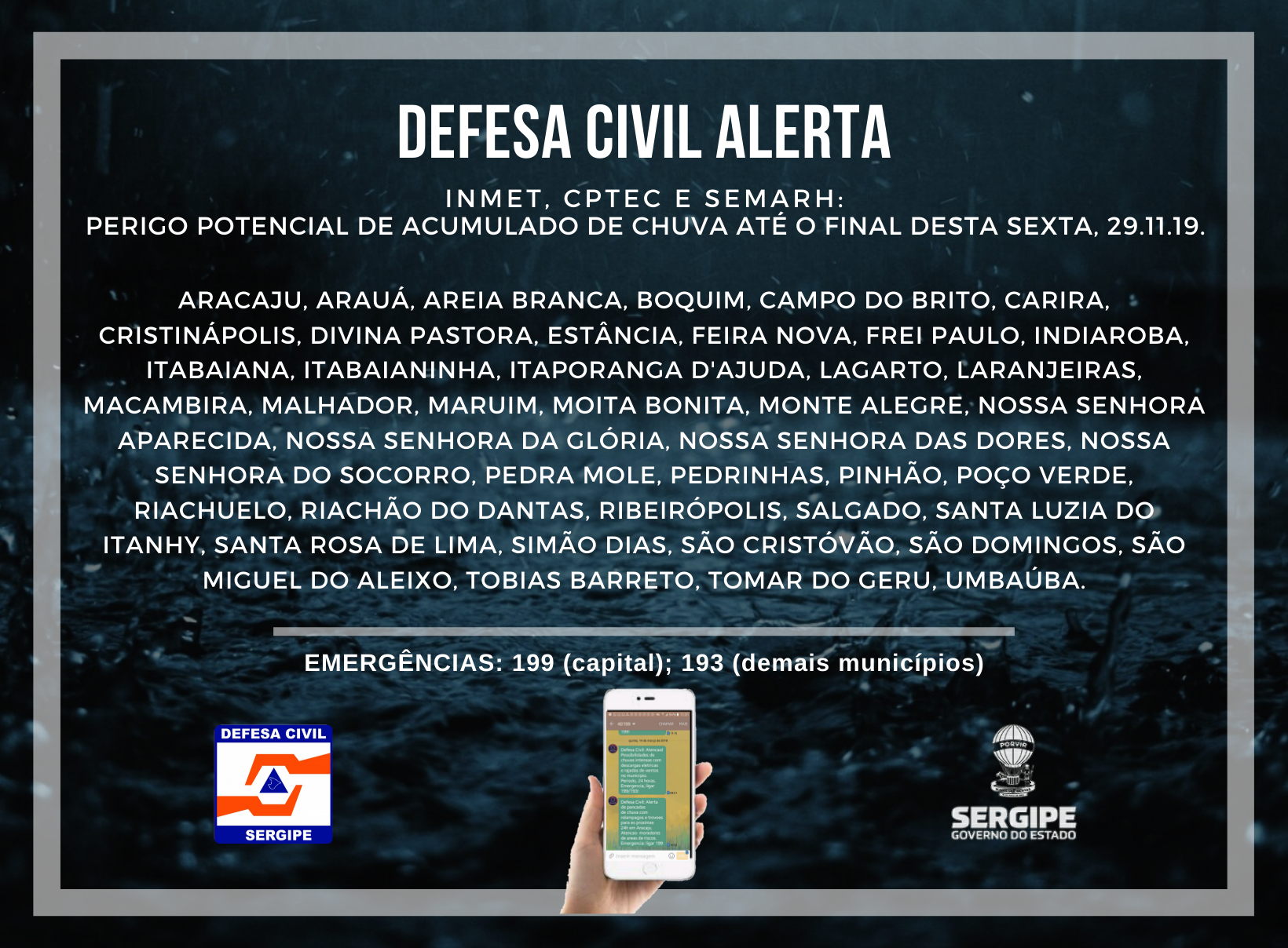 Defesa Civil Estadual indica previsão de chuvas em Sergipe até sexta, 29